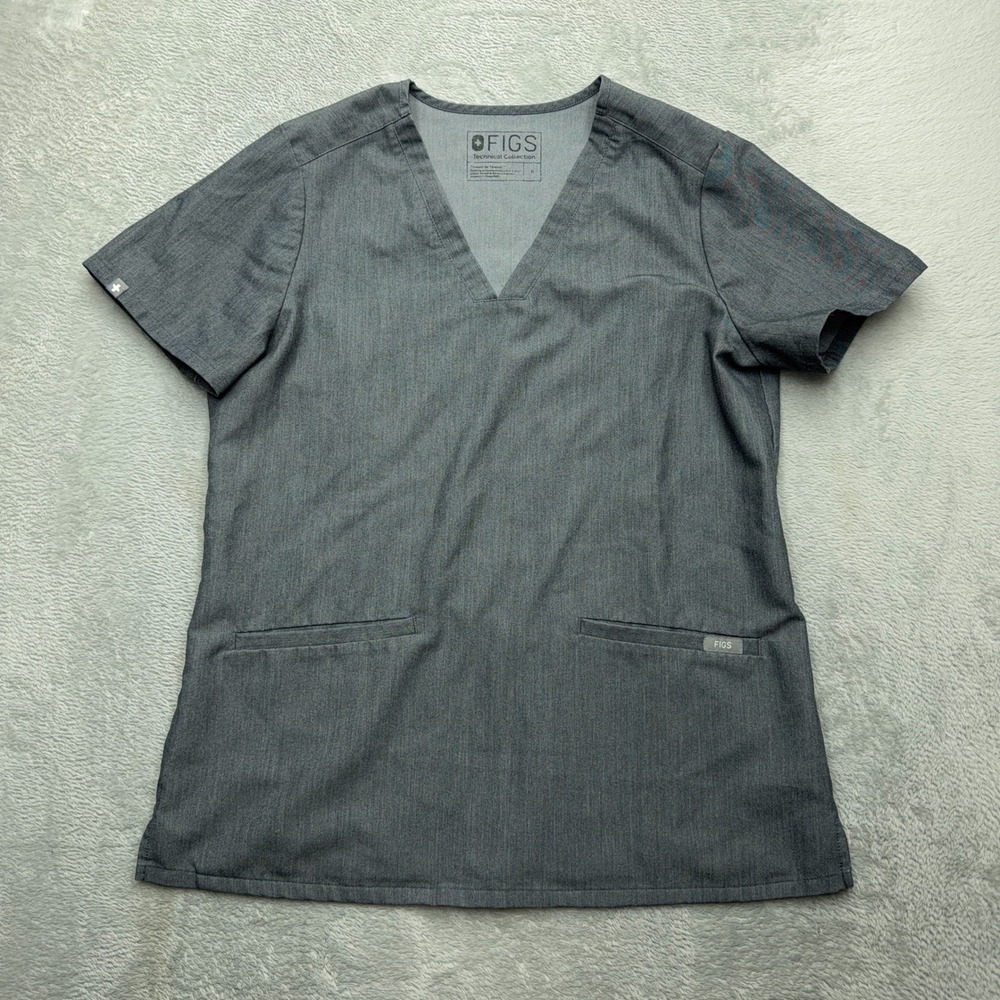 FIGS Scrub Top Women Small Gray V-Neck Short Sleeve Technical Collection Pockets